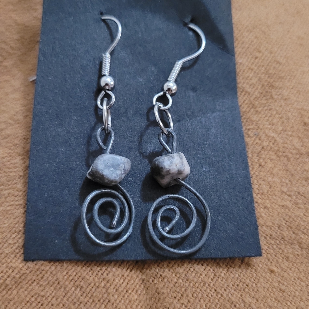 Boho Spiral Wire Wrapped Earrings - Rough Gray Speckled Stone Drops